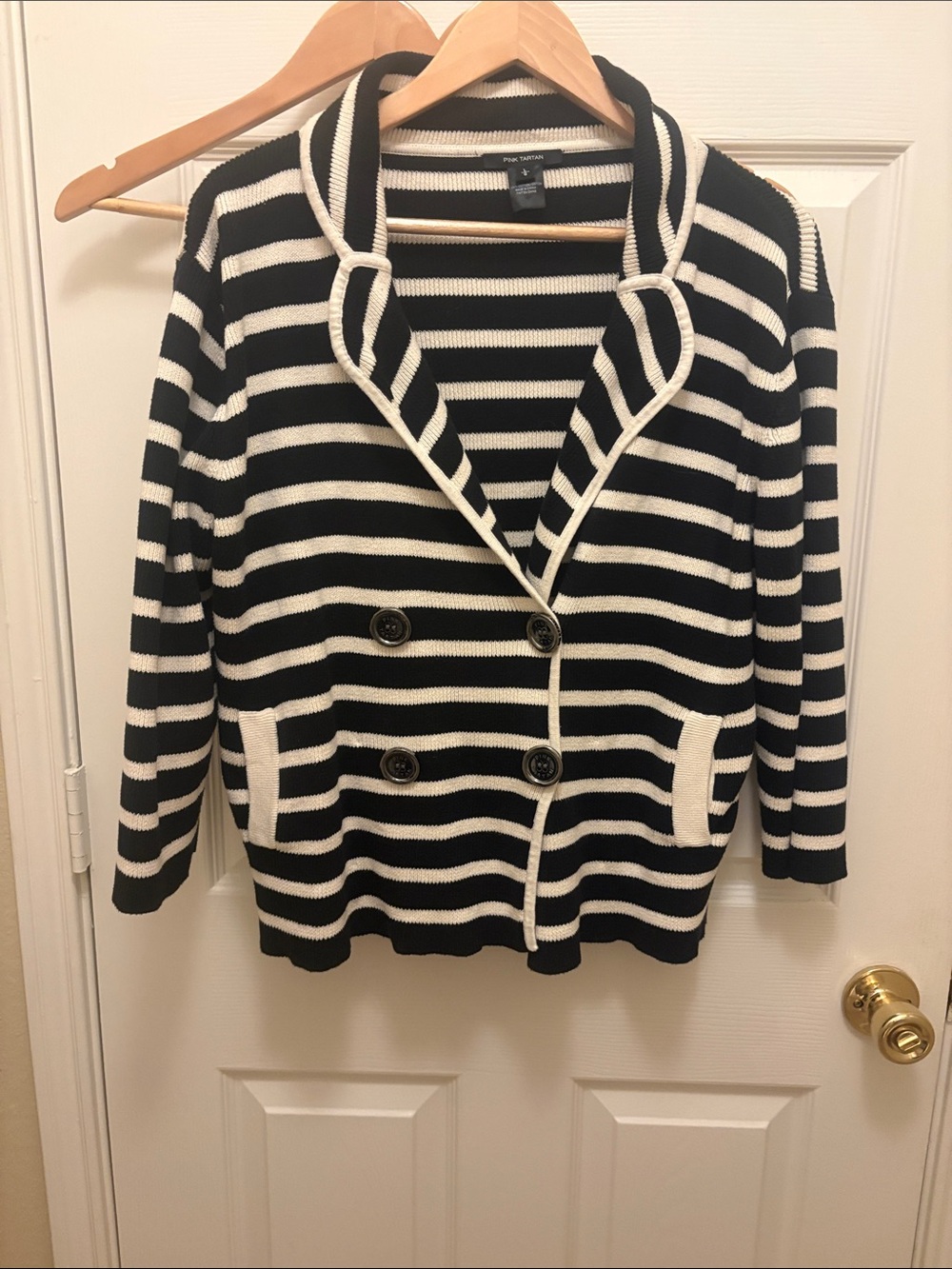 Pink Tartan Black & White Striped Double-Breasted Collar Cardigan A081